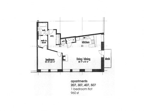 Floor plan for 1 bed, 1 bath, 970 sqft